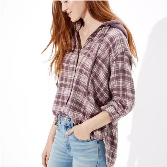 American Eagle Women’s Purple Plaid Flannel Button Down Soft Cozy Hoodie Sz Med - Picture 1 of 11